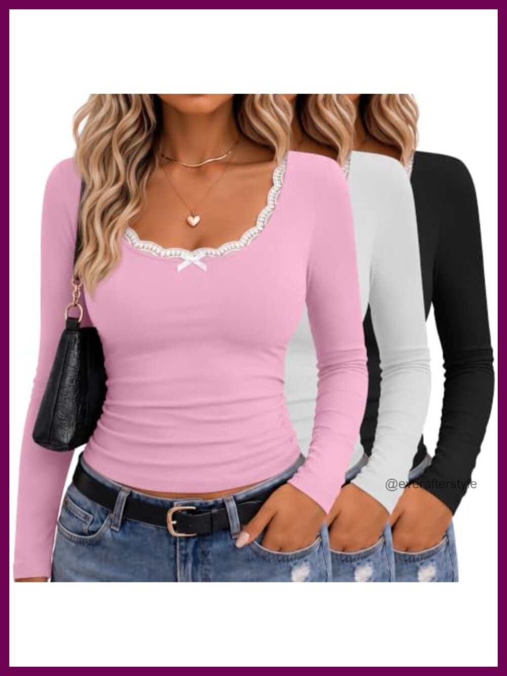 Womens Long Sleeve Lace U Neck Fitted Tops 3 Pack Slim Fit Shirts